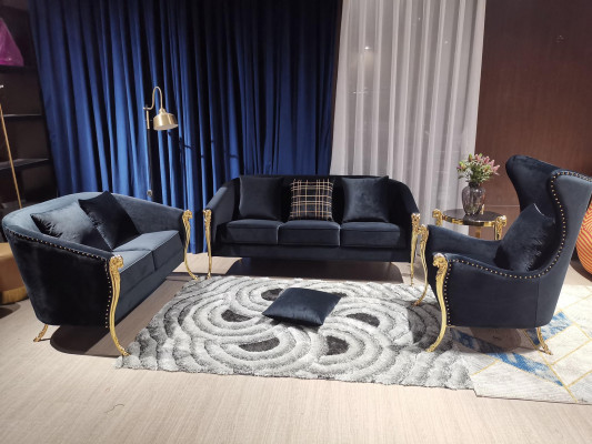 Luxe gestoffeerde bankstel, fauteuil 3+2+1 zits Zwart fluweel Gouden poten