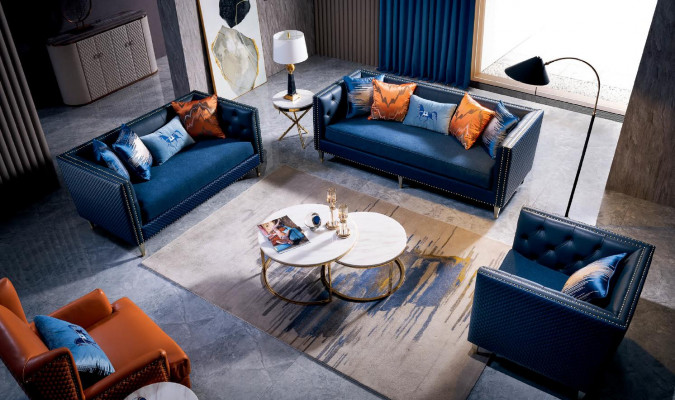 Blauwe bankstel 3+2 zits set Designer woonkamerbanken Gestoffeerde banken