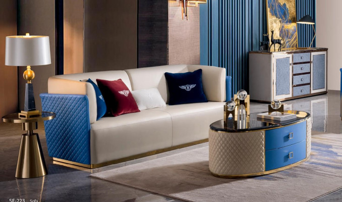 Blauw-beige leren bankstellen ontwerp woonkamerset 3+2 set 2-delig.