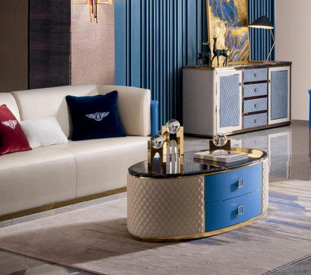 Blauw-beige leren bankstellen ontwerp woonkamerset 3+2 set 2-delig.