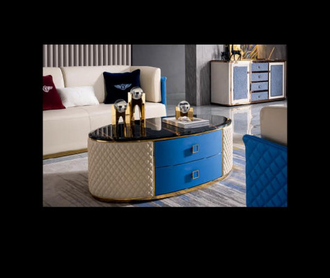 Blauw-beige leren bankstellen ontwerp woonkamerset 3+2 set 2-delig.