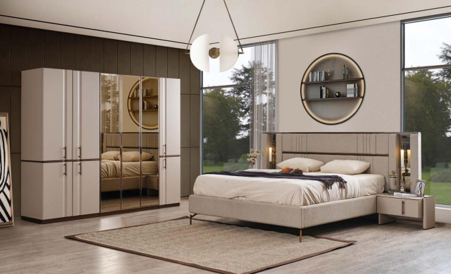 Modern Beige Tweepersoonsbed 2x Nachtkastjes Kledingkast Houten Meubels