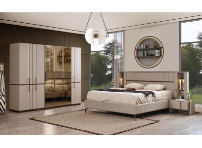 Modern Beige Tweepersoonsbed 2x Nachtkastjes Kledingkast Houten Meubels