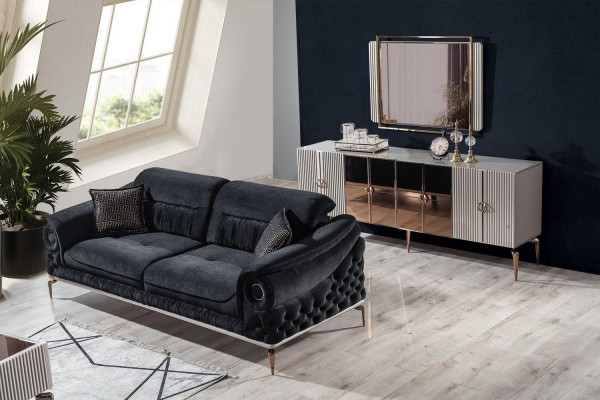 Stijlvolle 3-zits woonkamer Zwarte luxe bank Modern houten frame