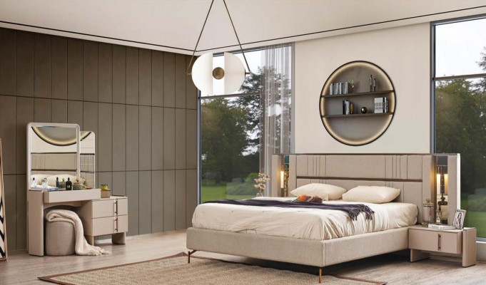 Moderne slaapkamermeubels Beige tweepersoonsbed 2x nachtkastjes Kaptafel
