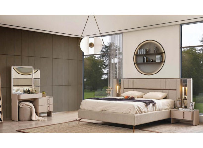 Moderne slaapkamermeubels Beige tweepersoonsbed 2x nachtkastjes Kaptafel