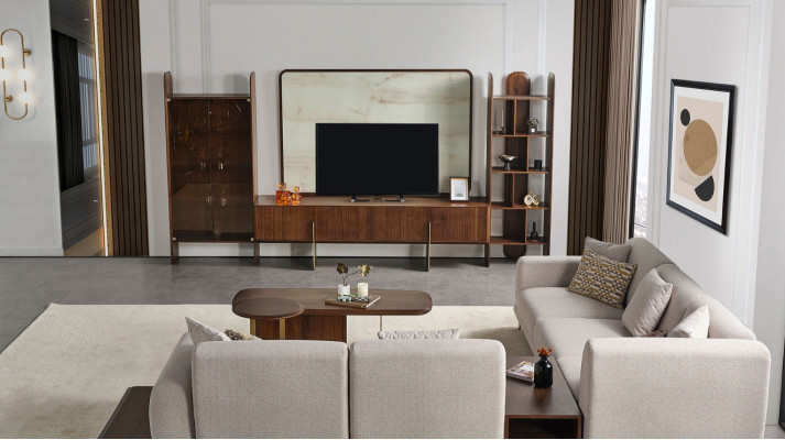 Stijlvolle woonkamerset bestaande uit wandmeubel, salontafel en bijzettafel.