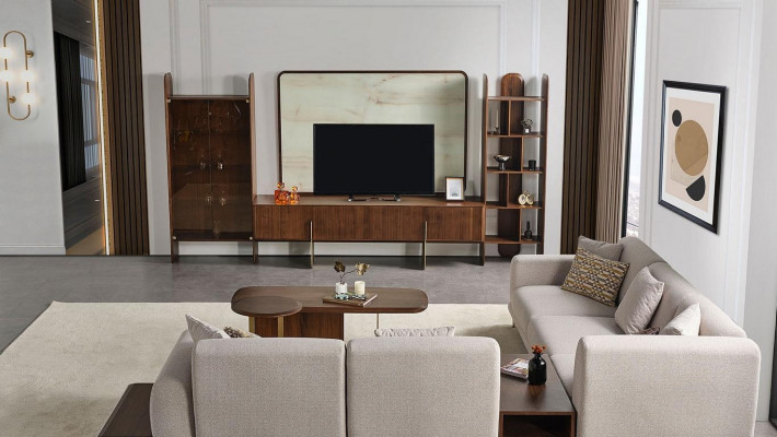 6-delige woonkamerset van Braun. TV-meubel + salontafel en bijzettafel nieuw.