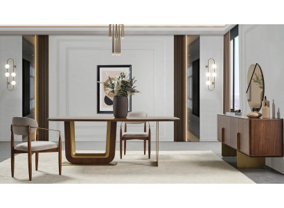 Eetkamerset Moderne eettafel 4 stoelen en dressoir met spiegel 7-delig.
