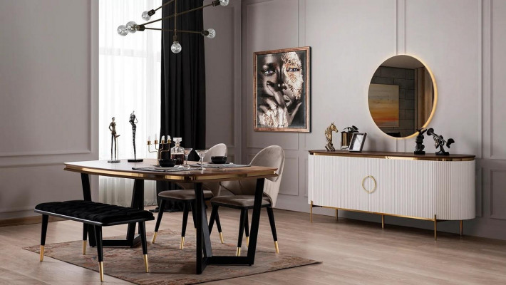 Eetkamerset bestaat uit eettafel 4x stoelen bank dressoir spiegel 8-delig.
