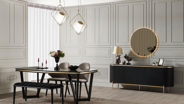 Modern 8-delig eetkamer set Eettafel 4x stoelen Dressoir Spiegel Bank nieuw