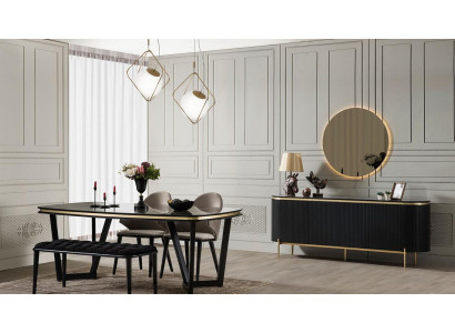 Modern 8-delig eetkamer set Eettafel 4x stoelen Dressoir Spiegel Bank nieuw