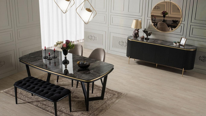 Modern 8-delig eetkamer set Eettafel 4x stoelen Dressoir Spiegel Bank nieuw