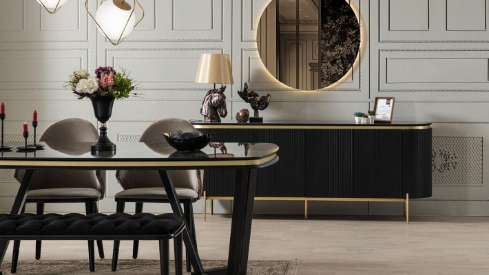 Modern 8-delig eetkamer set Eettafel 4x stoelen Dressoir Spiegel Bank nieuw