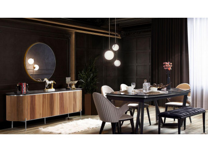 Elegante 8-delige eetkamerset Eettafel 4x stoelen Dressoir Spiegel Bank nieuw