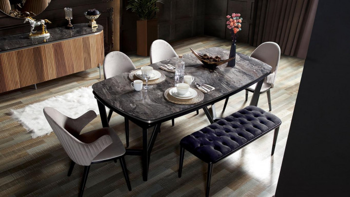 Elegante 8-delige eetkamerset Eettafel 4x stoelen Dressoir Spiegel Bank nieuw