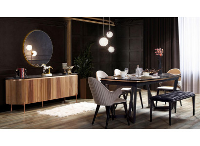 Luxe eetkamerset bestaande uit eettafel, 4 stoelen en dressoir, 7-delig.