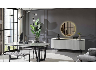 Modern eetkamer set bestaat uit eettafel, 4 stoelen en dressoir spiegel.