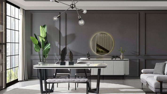 Modern eetkamer set bestaat uit eettafel, 4 stoelen en dressoir spiegel.