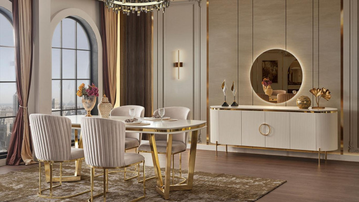 Eetkamer set bestaat uit design eettafel 4x stoelen en dressoir 7 dlg.