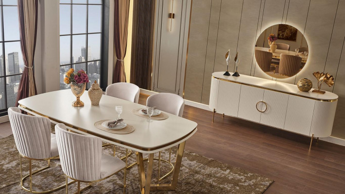 Eetkamer set bestaat uit design eettafel 4x stoelen en dressoir 7 dlg.