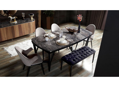 Stijlvolle eetkamerset bestaande uit eettafel, 4 stoelen en bank, 6-delig.