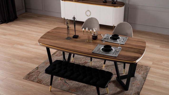 Eetkamer set bestaande uit eettafel+4x stoelen en bank bruin kleur 6-delig.