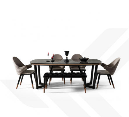 Eetkamerset bestaat uit eettafel + 4 stoelen Zwart kleur 6-delige set.