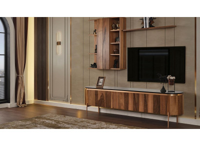 Perfecte woonkamerset bestaande uit bruin tv-lowboard en wandkast.