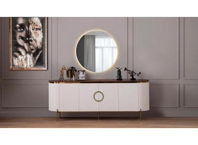 Eetkamer set bestaat uit dressoir en spiegel beige met goud elementen.