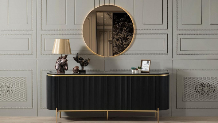 Eetkamerset Modern bestaat uit een zwart dressoir en spiegel, 2-delig.