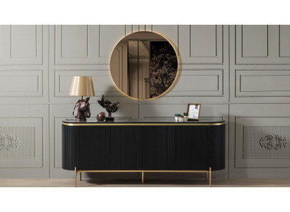 Eetkamerset Modern bestaat uit een zwart dressoir en spiegel, 2-delig.