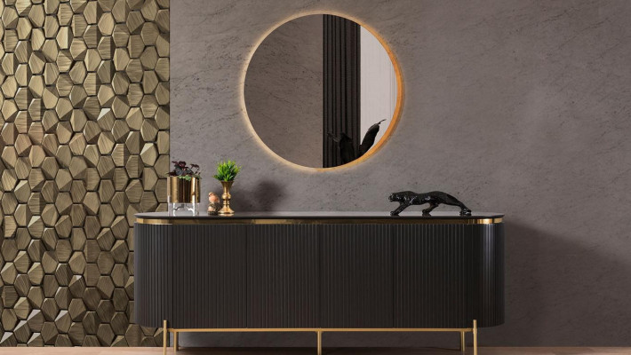 Eetkamerset Modern bestaat uit een zwart dressoir en spiegel, 2-delig.