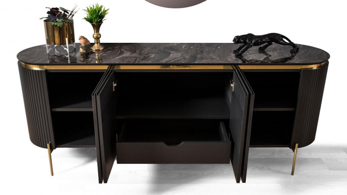 Eetkamerset Modern bestaat uit een zwart dressoir en spiegel, 2-delig.