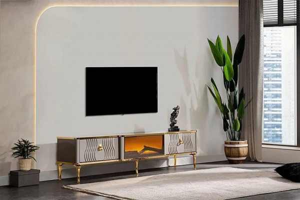 Wit TV-audio-meubel met gouden MDF-spaanplaat + metalen woonkamer TV-meubels
