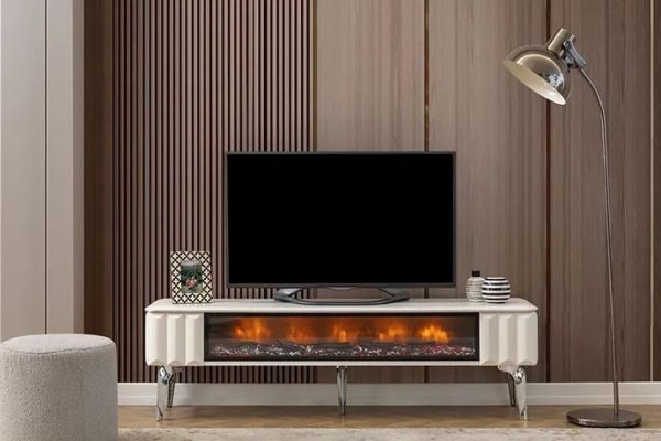 TV-meubel wit spaanplaat metaal luxe meubilair open haard woonkamer nieuw
