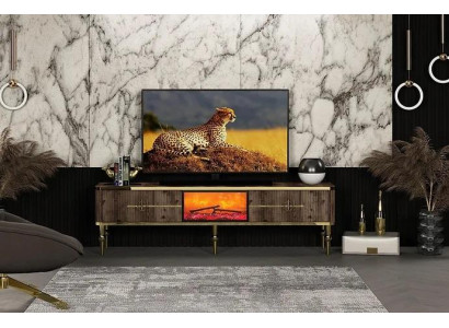 TV-meubel woonkamer Luxueus donkerbruin MDF + goudkleurig metaal nieuw