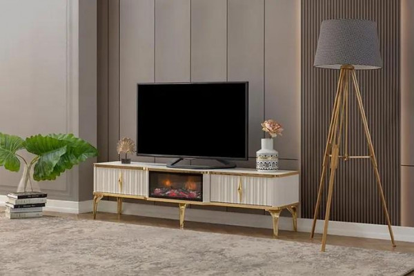 Woonkamer TV-meubel wit + goud MDF dressoir Metaal RTV Luxe Nieuw