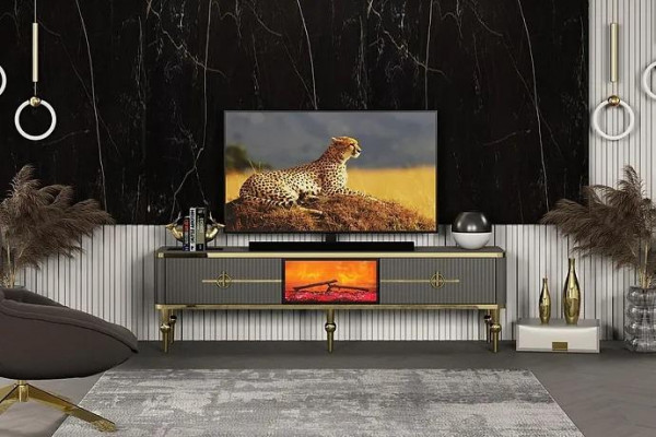 Woonkamer TV-Lowboard grijs open haard RTV dressoir metaal + MDF Exclusief.