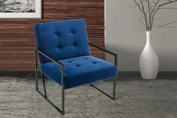 Fauteuil 1-zits blauwe bekleding Houten frame Metalen poten Luxueus