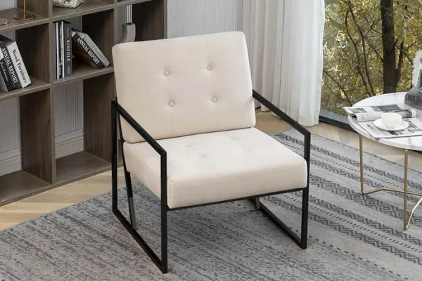 Beige textiel fauteuil woonkamer 1-zits relax metalen poten eetkamer.