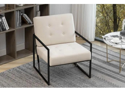 Beige textiel fauteuil woonkamer 1-zits relax metalen poten eetkamer.