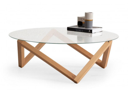 Salontafel in moderne stijl, ronde glazen tafelblad, houten poten voor de woonkamer.