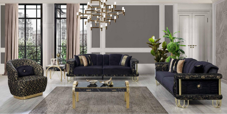 Zwarte bankstel 2x driezits gestoffeerde fauteuil Moderne zitmeubels