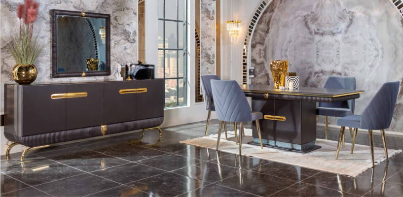 Eetkamer roestvrijstalen set, design eettafel met 4 stoelen en dressoir, 7-delig.