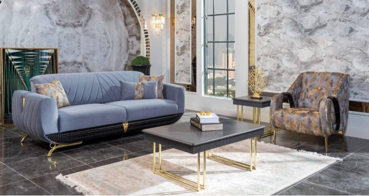 Moderne gestoffeerde woonkamermeubels designer blauwe driezits stoel 4-delig.