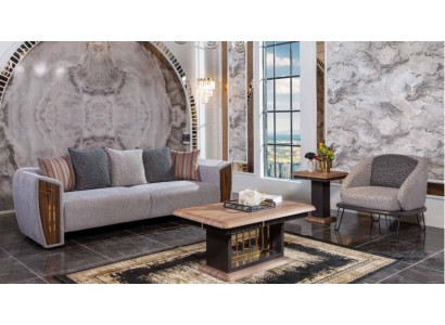 Grijze robuuste bankstel stoffering driezits textiel fauteuil bankstel