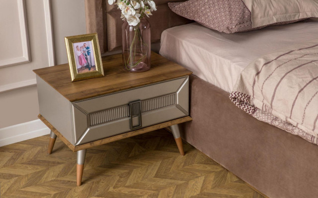 Beige slaapkamer set Moderne tweepersoonsbed Glazen kledingkast 4-delig
