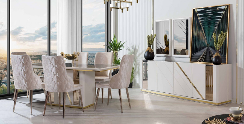 Beige roestvrijstalen eetkamerset, ontwerpeettafel x6 stoelen, dressoir.