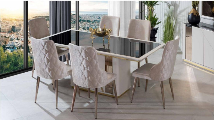 Beige roestvrijstalen eetkamerset, ontwerpeettafel x6 stoelen, dressoir.